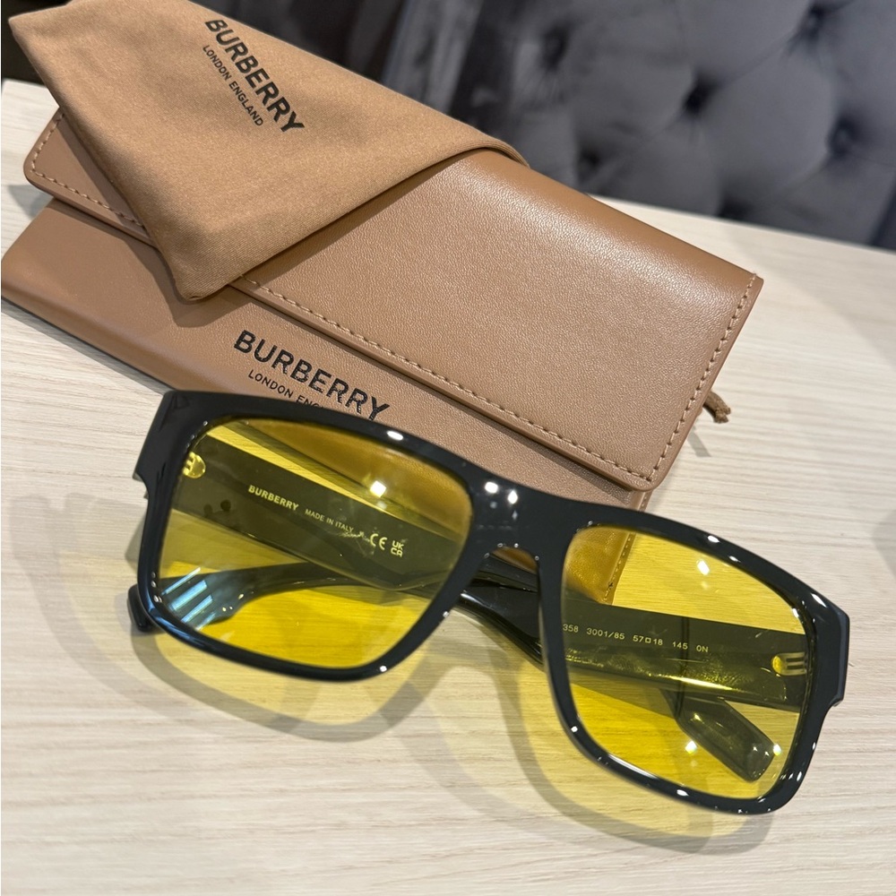Burberry Black Sunglasses with Yellow Lenses and Tan Case